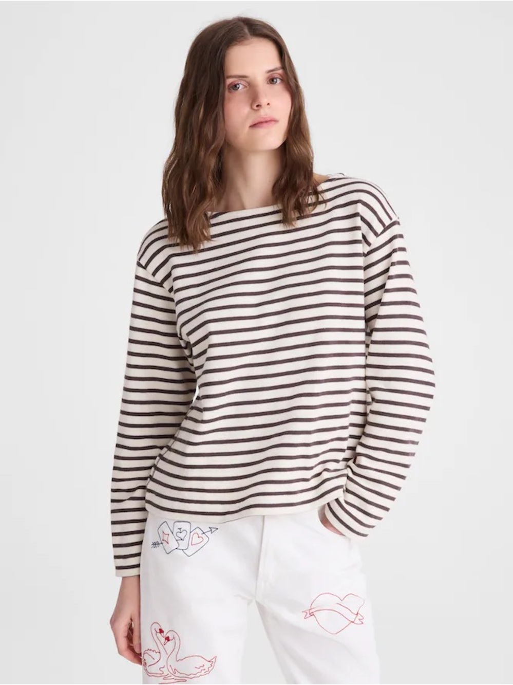 Zara Striped Long-Sleeve Boatneck Top - Cream & Brown